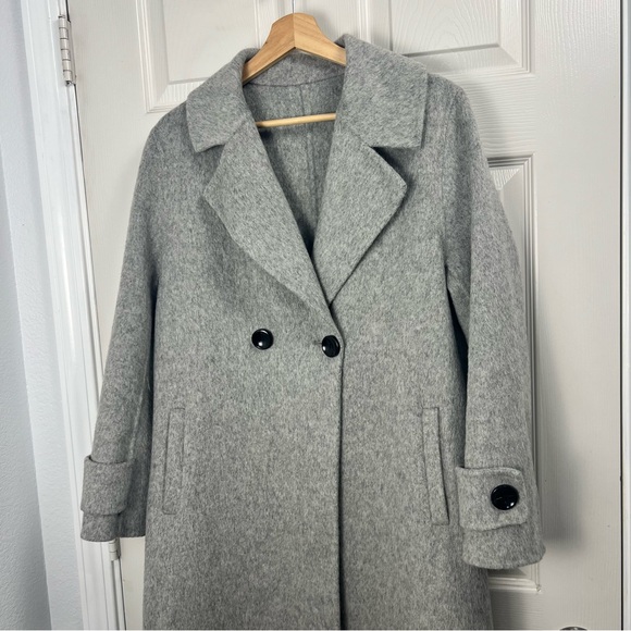 Classic Gray Wool Blend Long Overcoat Large – Double Breasted Winter Trench Coat - Picture 12 of 13